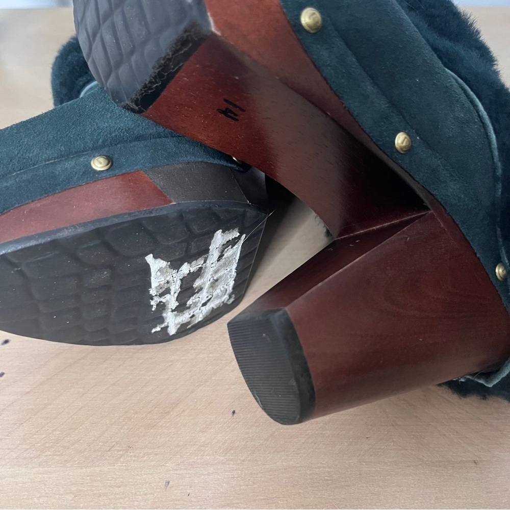 Rockport Forest Green Suede Wooden Clog with Faux Fur Trim Women's - Picture 9 of 11